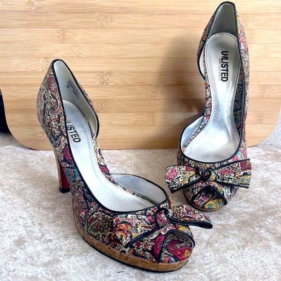 Unlisted by Kenneth Cole Shoes - Unlisted Kenneth Cole Paisley Print Cork Heels Peep Toe Pumps Bows Leather Sole